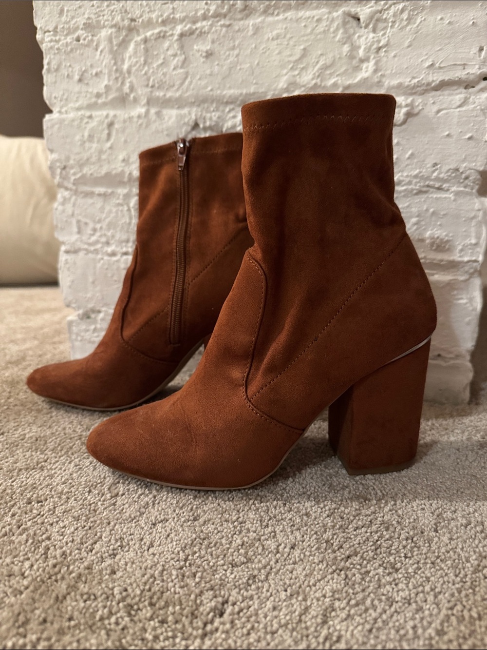 Steve Madden Revelate Cognac Suede Block Heel Ankle Boots